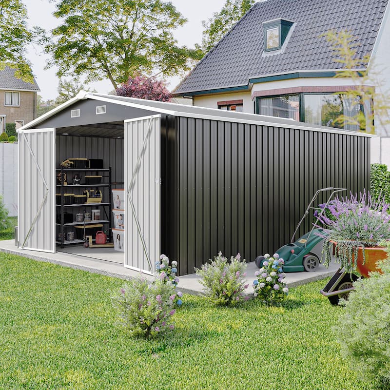 10X14 FT Outdoor Storage Shed with 3 Lockable Doors, 4 Vents - Dark Gray