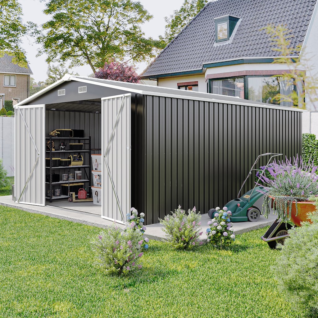 10X14 FT Outdoor Storage Shed with 3 Lockable Doors, 4 Vents
