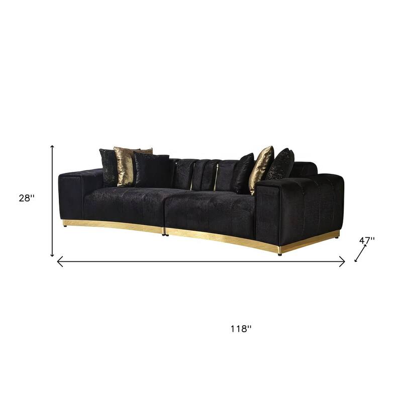 HomeRoots Black Velvet Modular Curved Two Piece Sectional With Toss Pillows