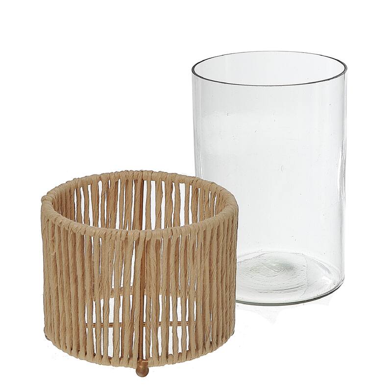 Glass Candle Holder Hurrican With Metal & Raffia Base 10"