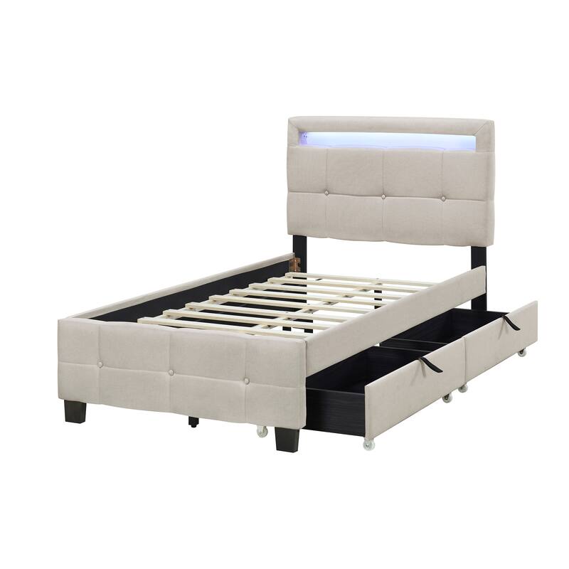 Linen Fabric Upholstered Platform Bed with Lattice-Pattern Headboard, Remote Control LED Panel Bed Frame for Bedroom