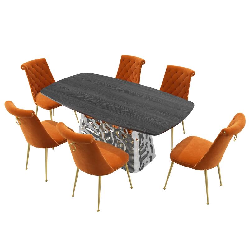 7-Piece Clihome Modern Stainless Steel Table Velvet Chair Dining Set