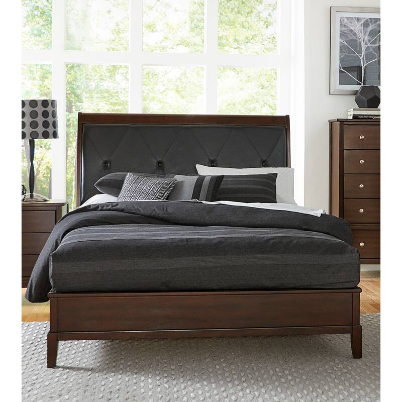 Queen Size Faux Leather Sleigh Bed with Button-Tufted Headboard and Birch Veneer Frame