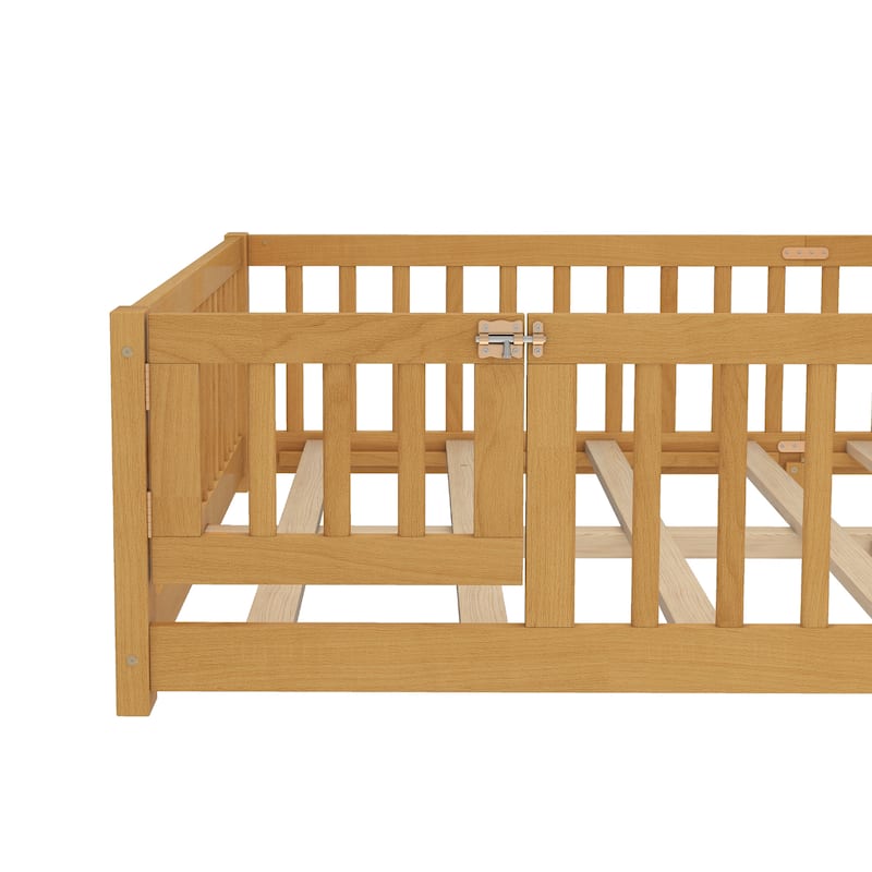 Queen Size Kids Floor Bed with Safety Guardrails and Removable Door, Natural Wood