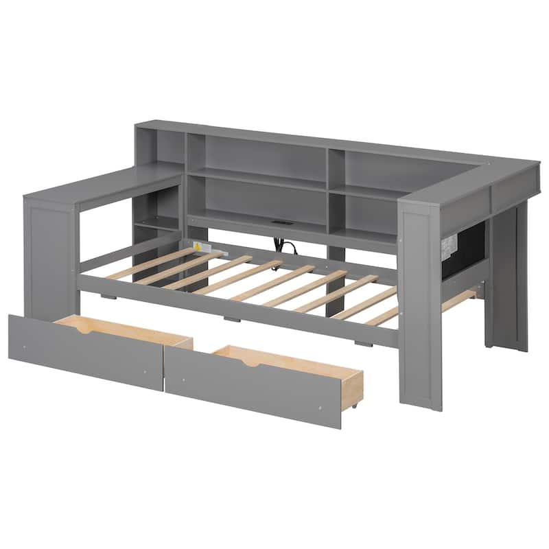 Wood Daybed Platform Bed Multifunctional Bed Frame with Charging Station and LED Light, Upholstered Headboard, Storage Shelves