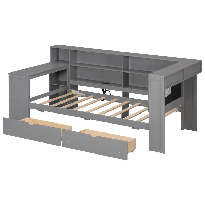 Wood Daybed Twin Size Platform Bed with Storage Shelves, Drawers, Charging Station, Desk, LED and Upholstered Cushion Headboard