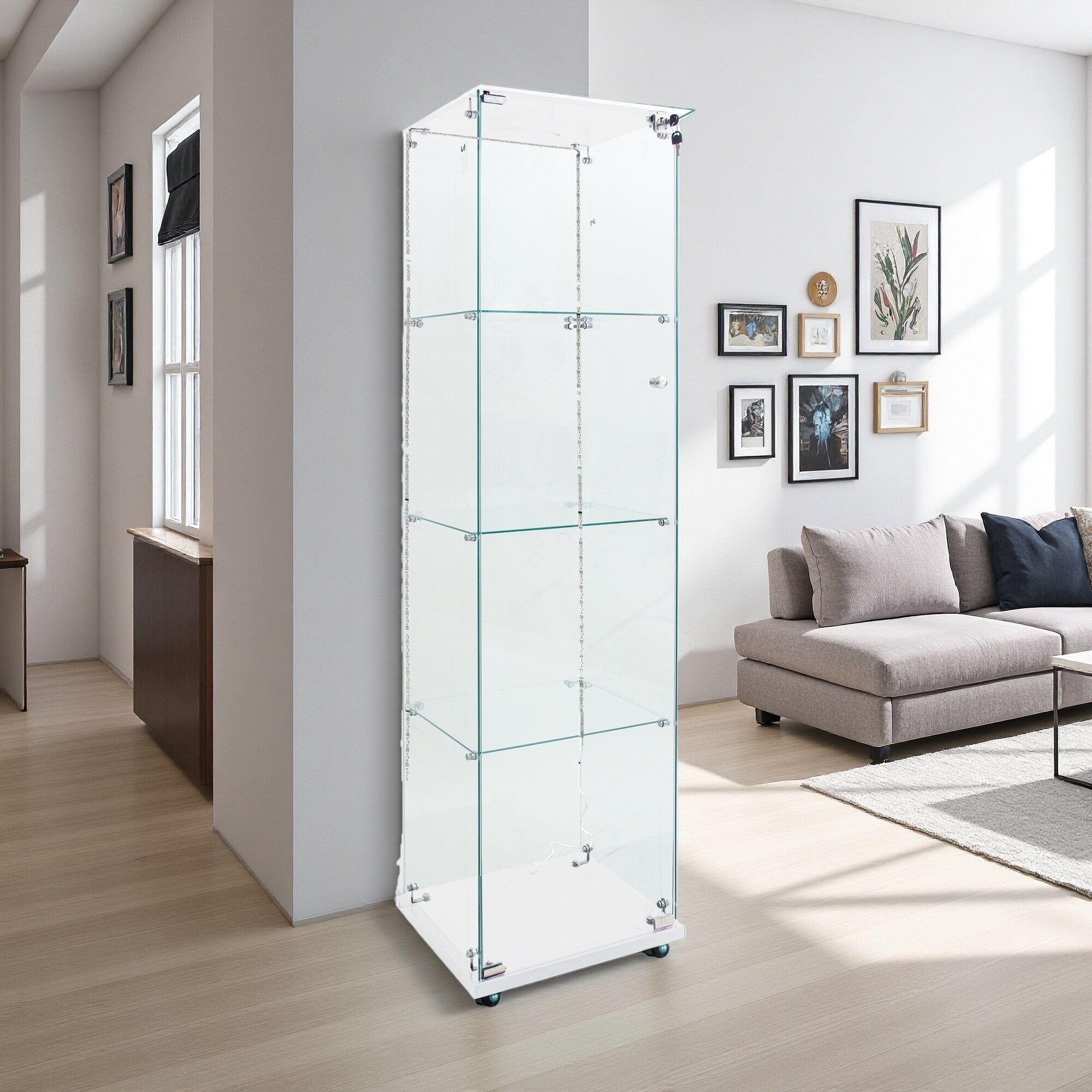 65"H Tempered Glass Display Cabinet, Wine & Storage Cabinet with Bluetooth LED Light Strip, Door Lock, Casters for Living Room