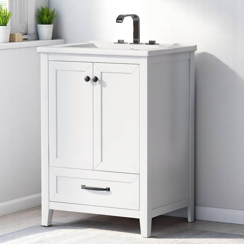 24" Freestanding Bathroom Vanity with Ceramic Sink, 1 Drawer, 2 Doors, Interior Shelving, Solid Wood & MDF - White