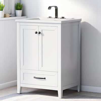 24" Freestanding Bathroom Vanity with Ceramic Sink, 1 Drawer, 2 Doors, Interior Shelving, Solid Wood & MDF