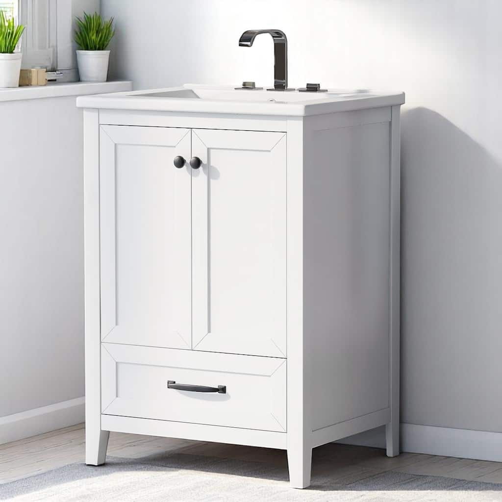 24" Freestanding Bathroom Vanity with Ceramic Sink, 1 Drawer, 2 Doors, Interior Shelving, Solid Wood & MDF