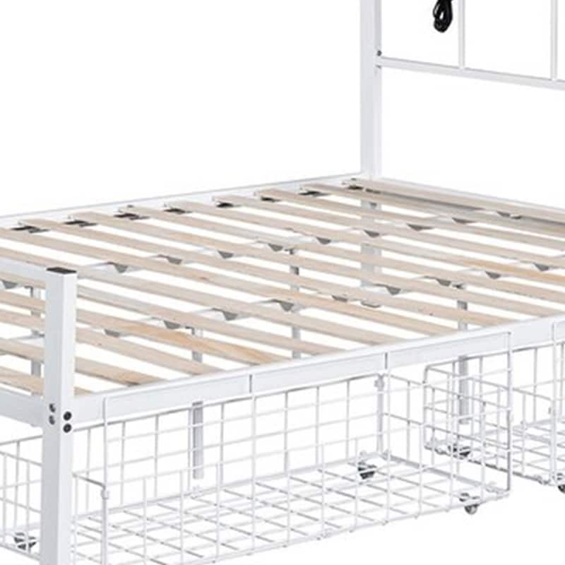 Nix Queen Size Bed w Underbed Storage, Slatted White Metal Headboard