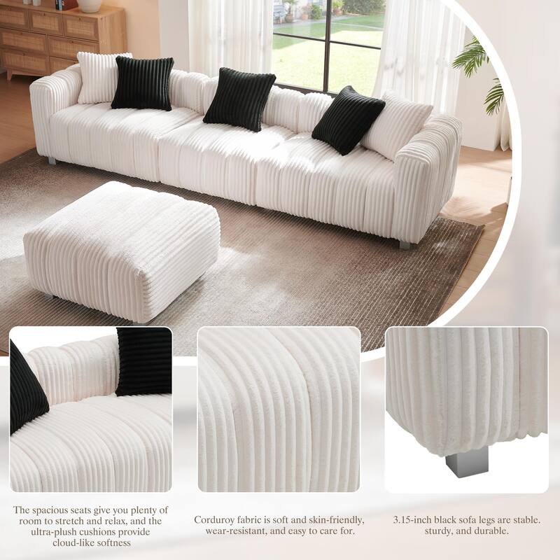 114.17" Corduroy 3-Seater Sofa with Ottoman, Solid Wood Frame and High-Density Foam Cushions