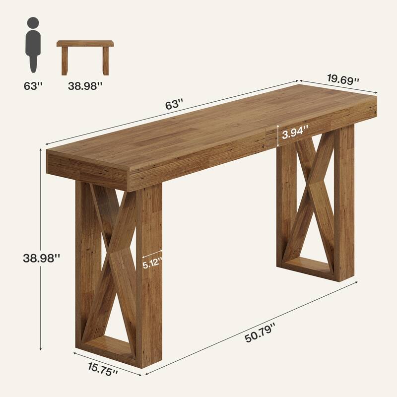 63-inch Bar Table, Counter Height Pub Table with Wooden X-Shaped Frame