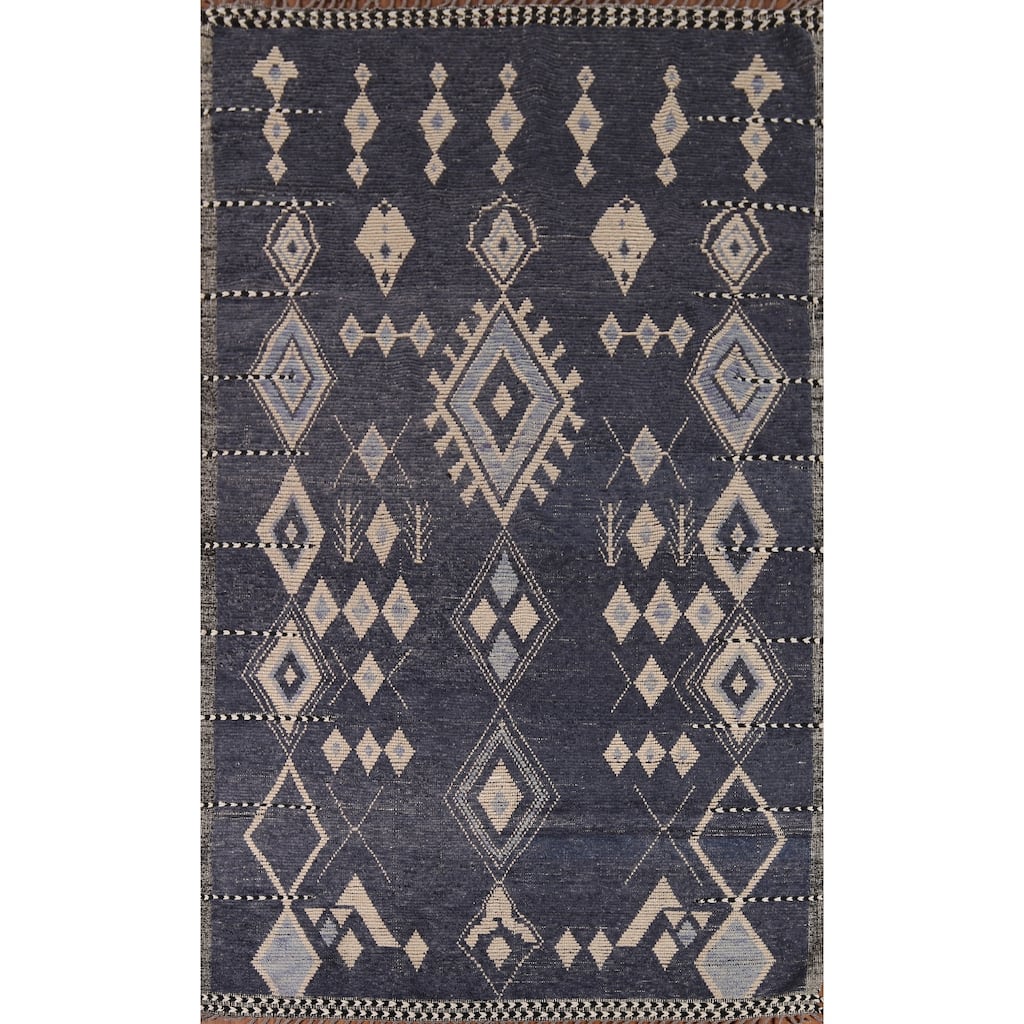 Geometric Blue Moroccan Oriental Area Rug Hand-Knotted Wool Carpet - 7'9" x 12'9"