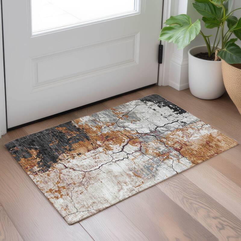 Machine Washable Indoor/ Outdoor Modern Crackle Chantille Rug