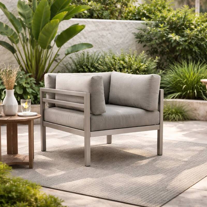 Cilo 34 Inch Outdoor Armchair, Gray Aluminum, Water Resistant Cushions