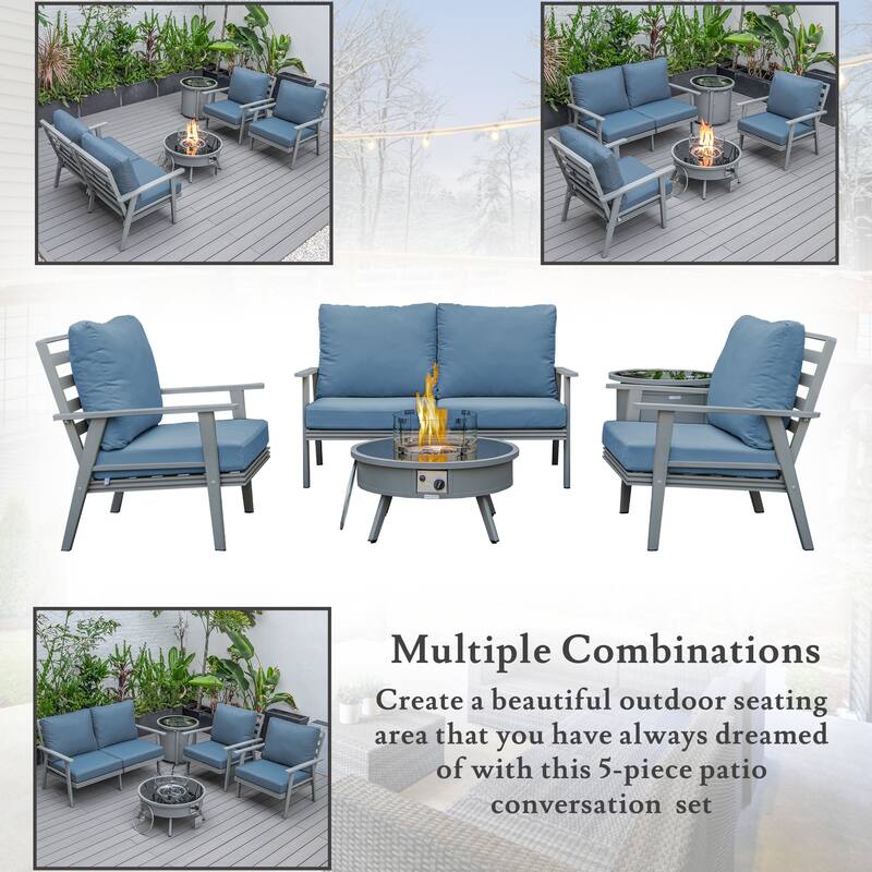 Walbrooke 4-Piece Outdoor Powder-Coated Frame Patio Furniture Set with Fire Pit Table, Tank Holder and Polyester Cushions