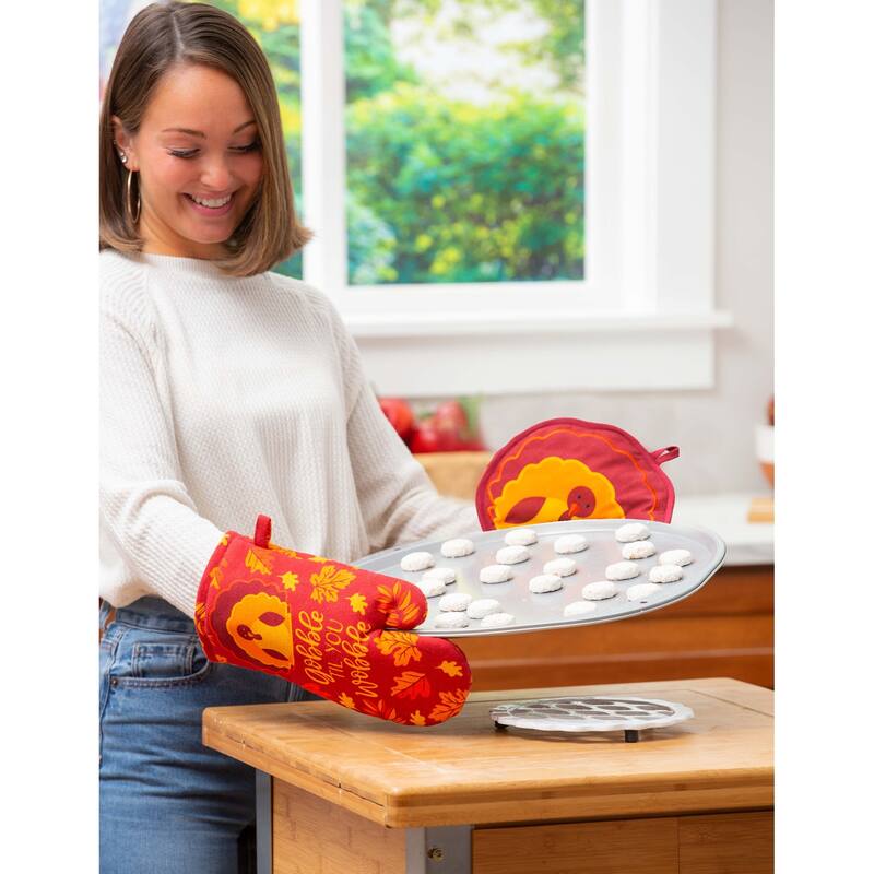 "Gobble till you wobble" Oven Mitt and Turkey Pot Holder Set