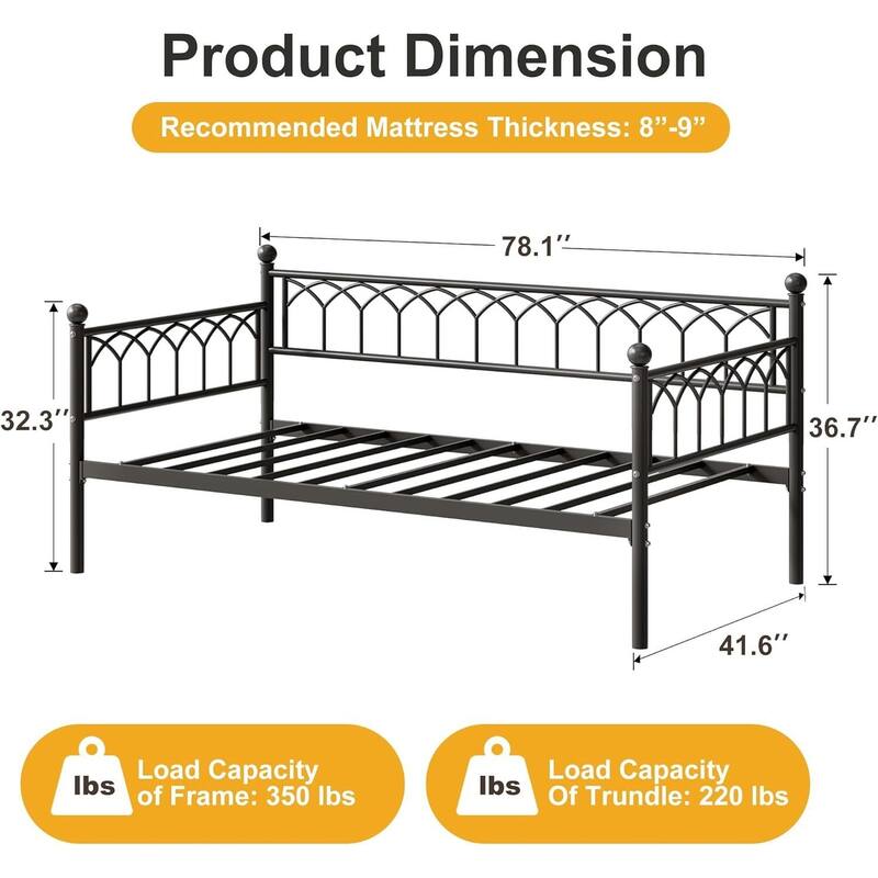 Twin Size Daybed, Metal Sofa Bed Frame with Trundle for Living Room, Small Spaces