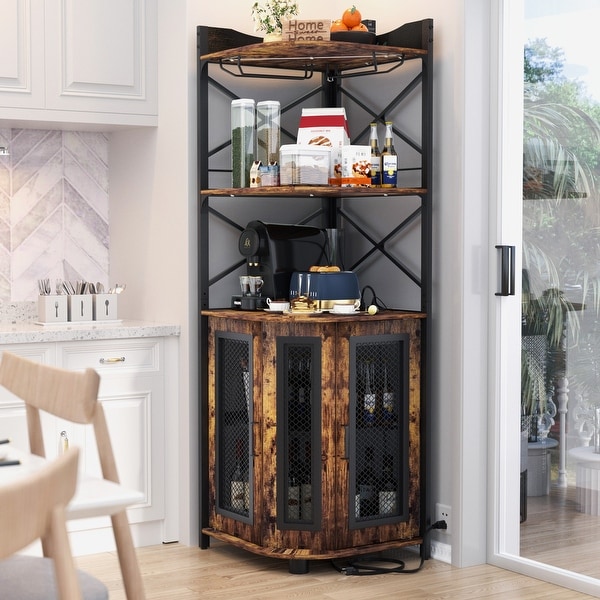 Corner Bar Cabinet with Charge Station and LED Light Liquor Display Cabinet with Glass Holder Brown Dark Grey