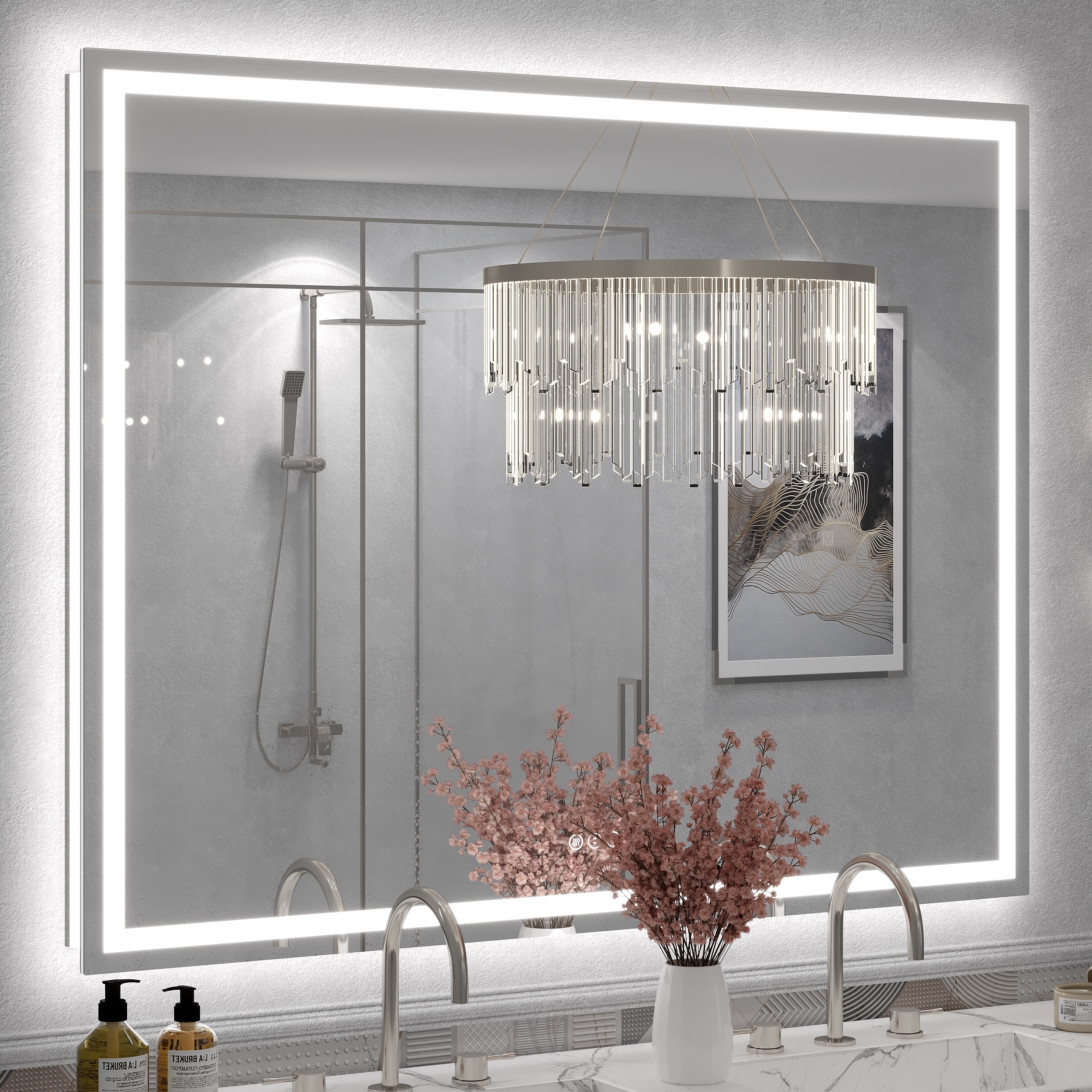 Large LED Bathroom mirror Tempered Glass Dimmable Anti-Fog Vanity Mirror