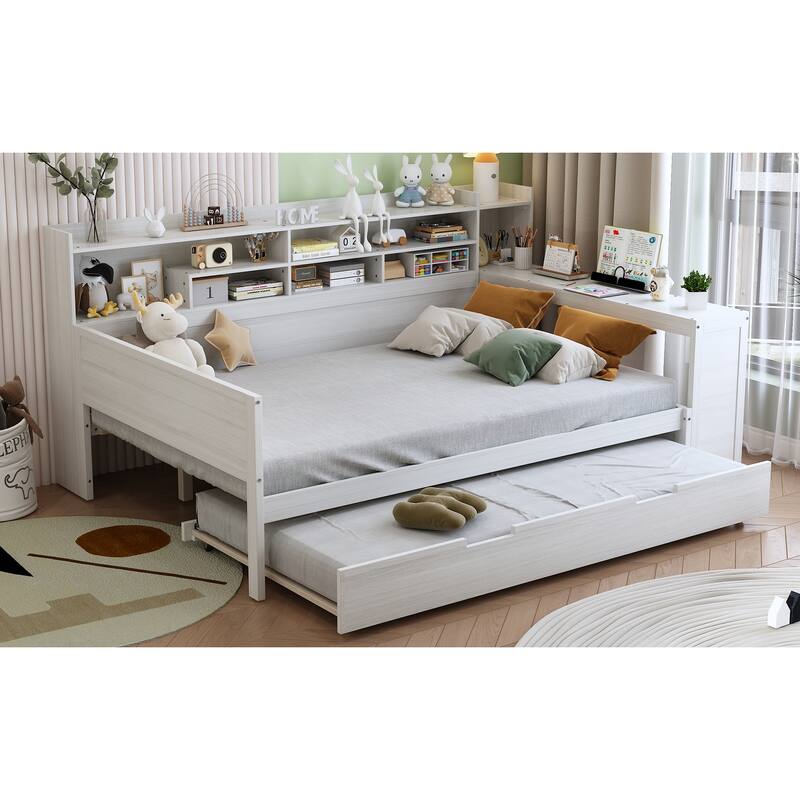 Full Size Daybed with Storage Shelves, Multi-Functional Bed with Twin Trundle and Built-In Study Desk, Space-Saving Design