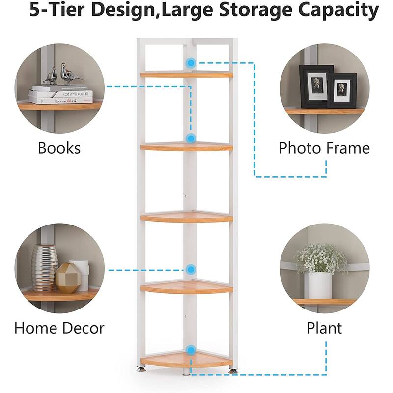 5 Tier Corner Shelves, Rustic Industrial Corner Bookshelf Bookcase