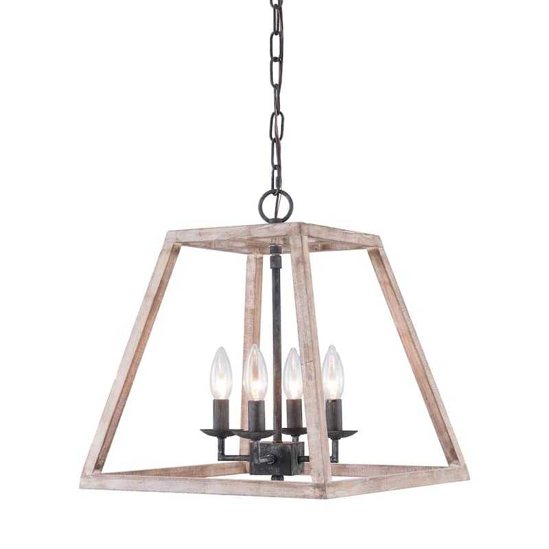 Modern contemporary Farmhouse Aged Wood Cage 4-light Dinning Kitchen Foyer Chandelier Pendant - 15"W x 15"D x 18"H