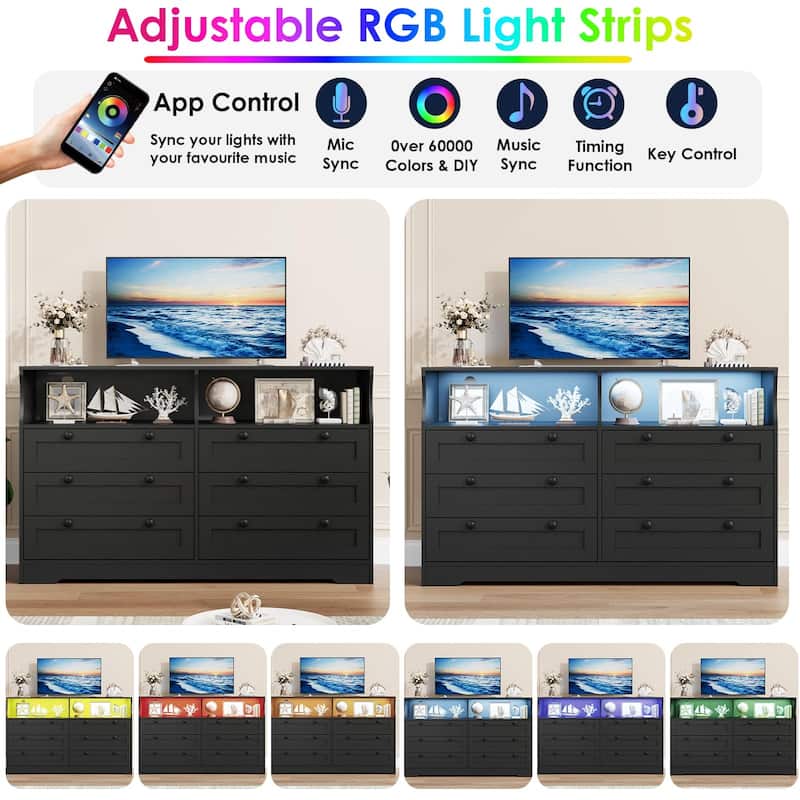 6 Drawer Dresser with RGB LED Lights, Power Outlet & 2 Open Shelves