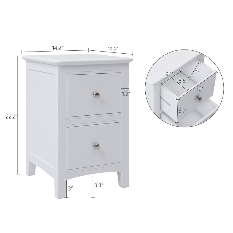 2 Drawers Solid Wood Nightstand End Table - White - 2-drawer