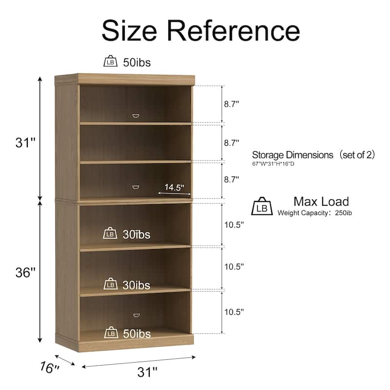 67" Solid Wood 6-Shelf Bookcase Storage