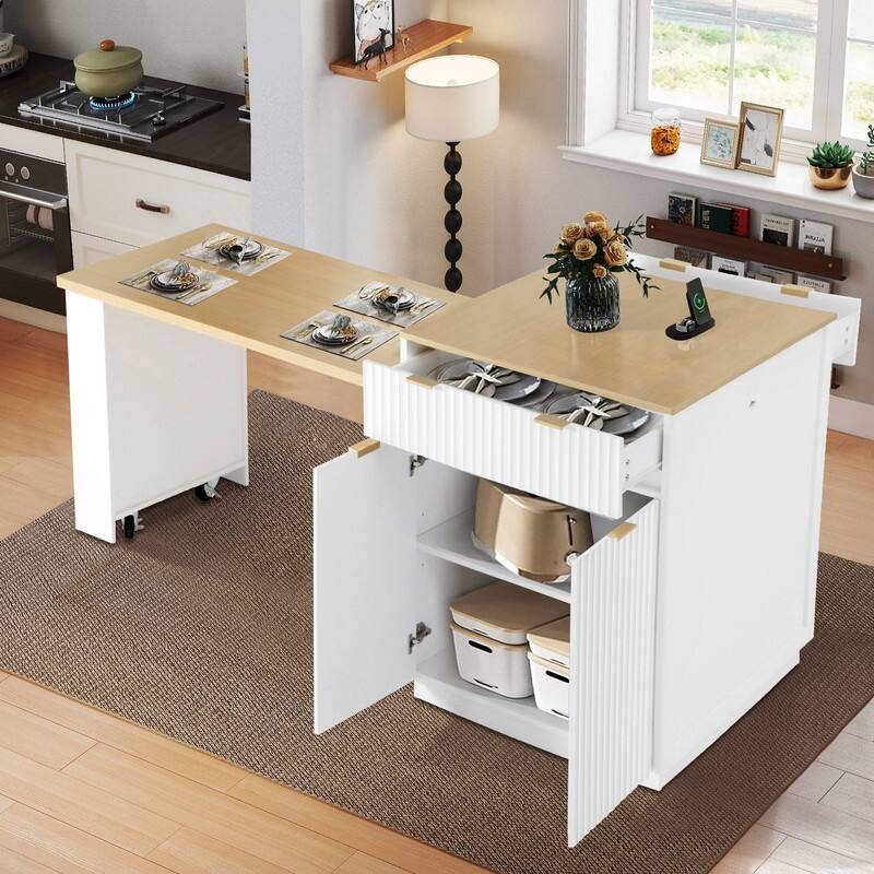 82.6" Fluted Kitchen Island with Extendable Dining Table and Power Outlet for Modern Kitchen Spaces