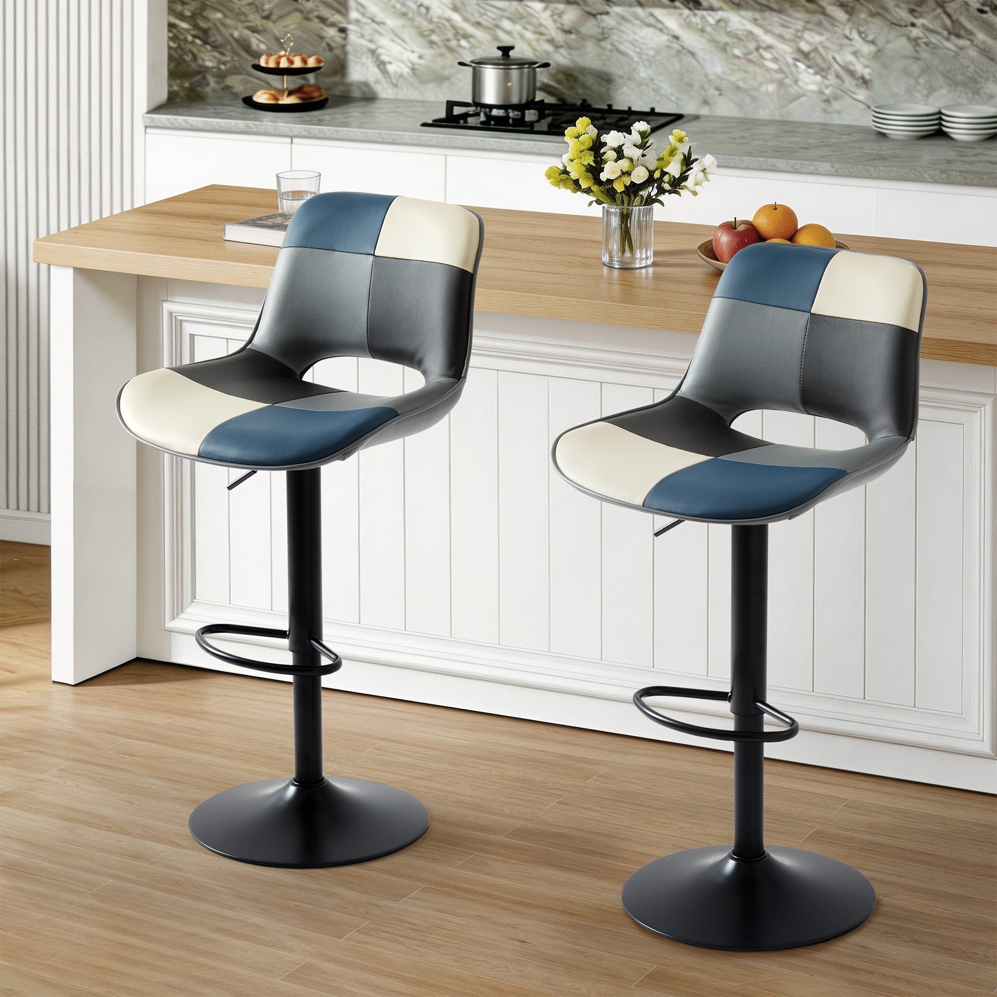 Adjustable Height Mordern Bar Stools Set of 2, Tufted Upholstered Bar Chairs with Footrest