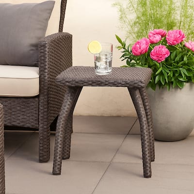 Honi Side End Table, Square 19 Inch Brown Outdoor Rattan, Iron, Curved Legs