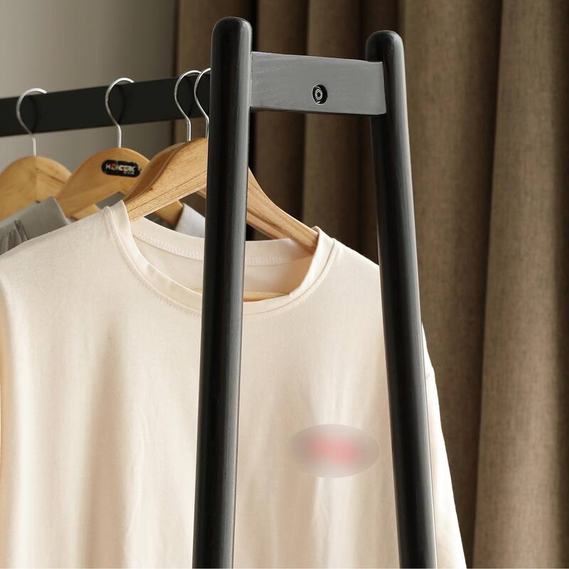 Solid Oak Clothes Rack with Rattan Shelves - Black