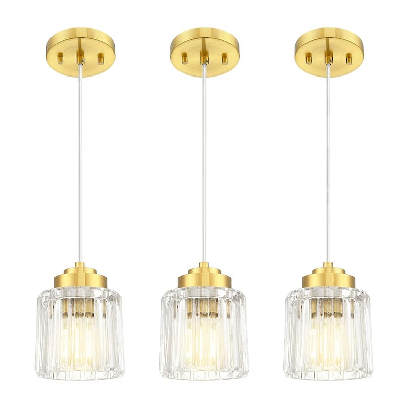 3-Pack Clear Fluted Ripple Glass Adjustable Pendant Lights - Gold