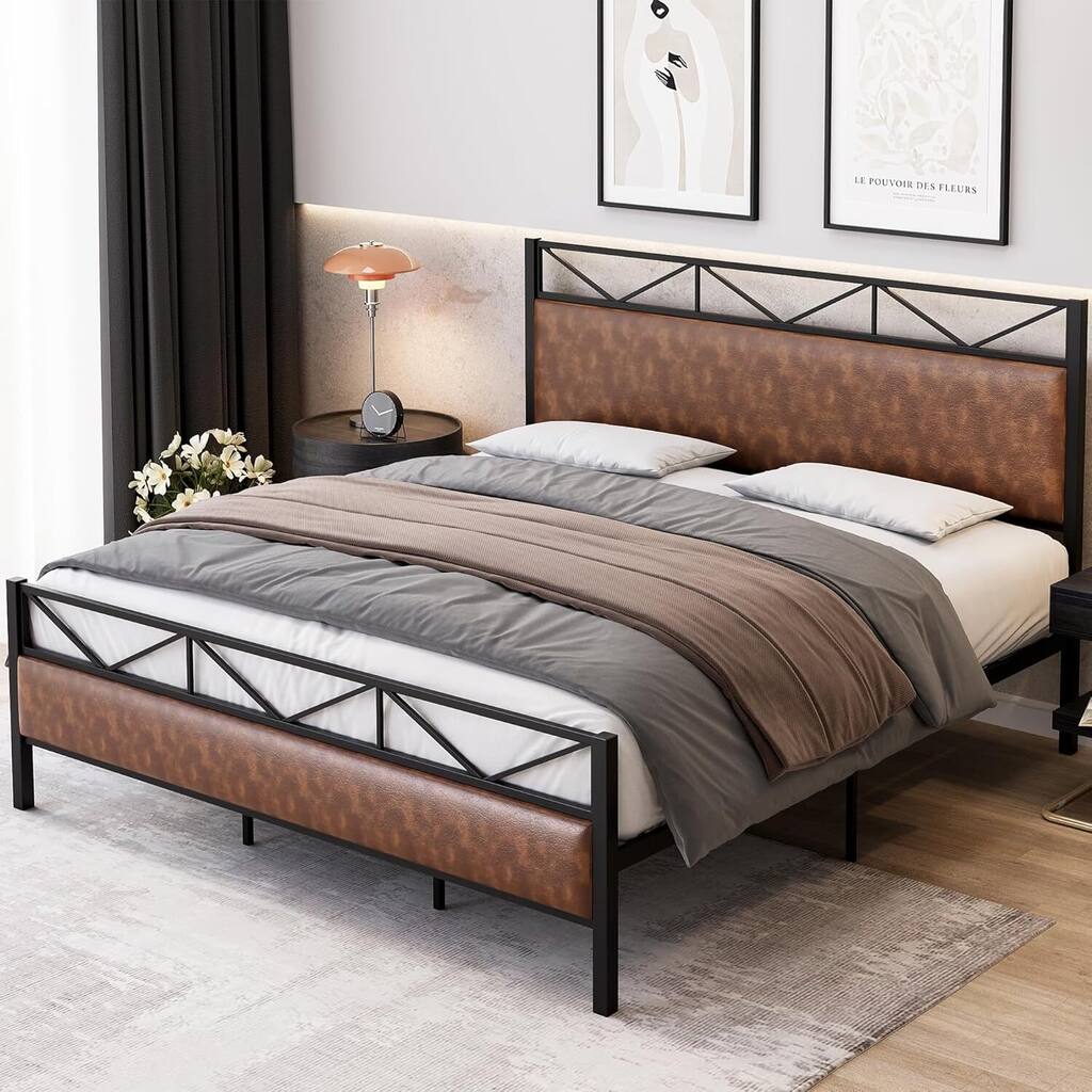 Upholstered Platform Full Bed Frame with 14 Strong Metal Slats