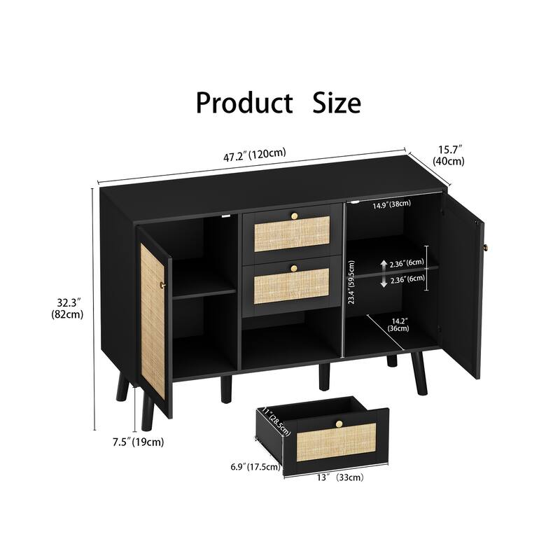 Anmytek Modern Wood Rattan Black Buffet Sideboard Accent Storage Cabinet with 3 Drawers and 2 Doors