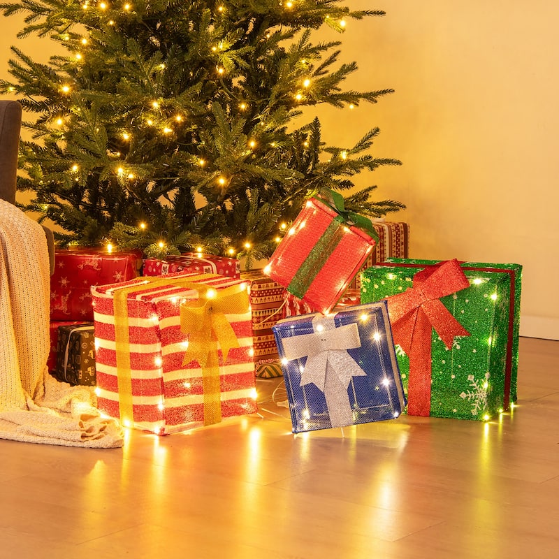 Gymax 48'' Lighted Stacked Gift Boxes Light up Box Tower Christmas - Multi-colors - See Details