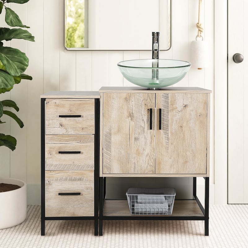 36" Bathroom Vanity Cabinet W/ Sink Faucet Drain Set Top Side Cabinet Combo - clear round sink