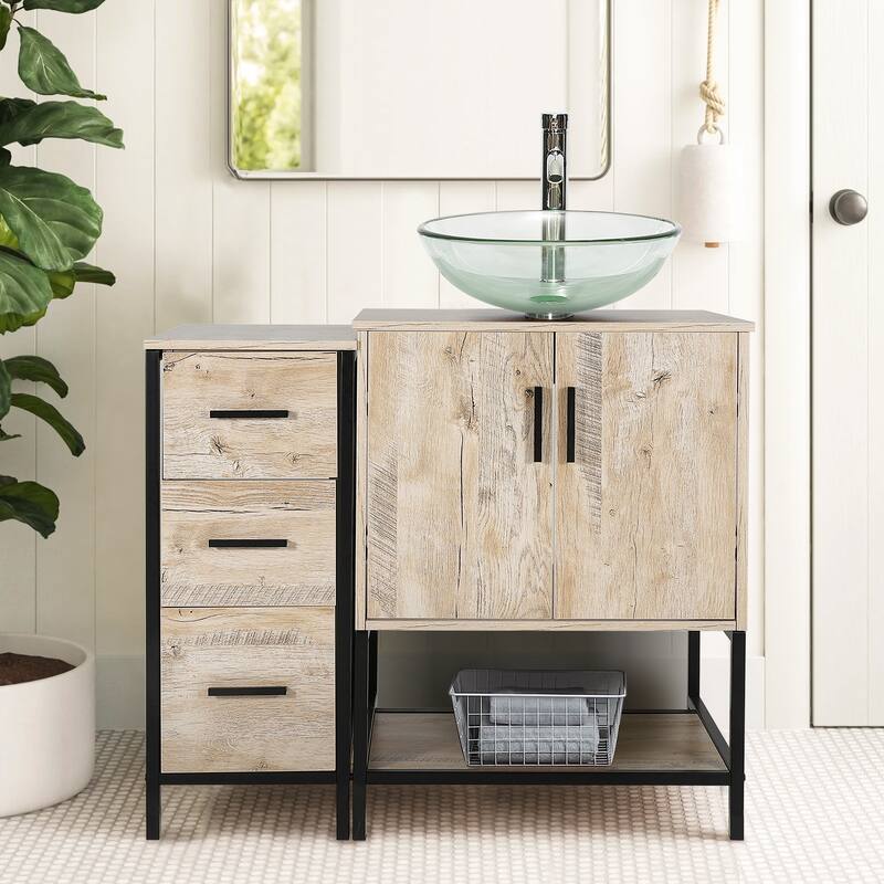 36" Bathroom Vanity Cabinet W/ Sink Faucet Drain Set Top Side Cabinet Combo - clear round sink