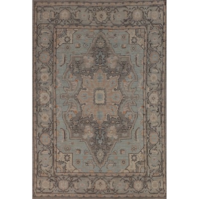Vegetable Dye Oushak Turkish Rug Blue Hand-Knotted Wool Carpet - 6'1"x 9'0"