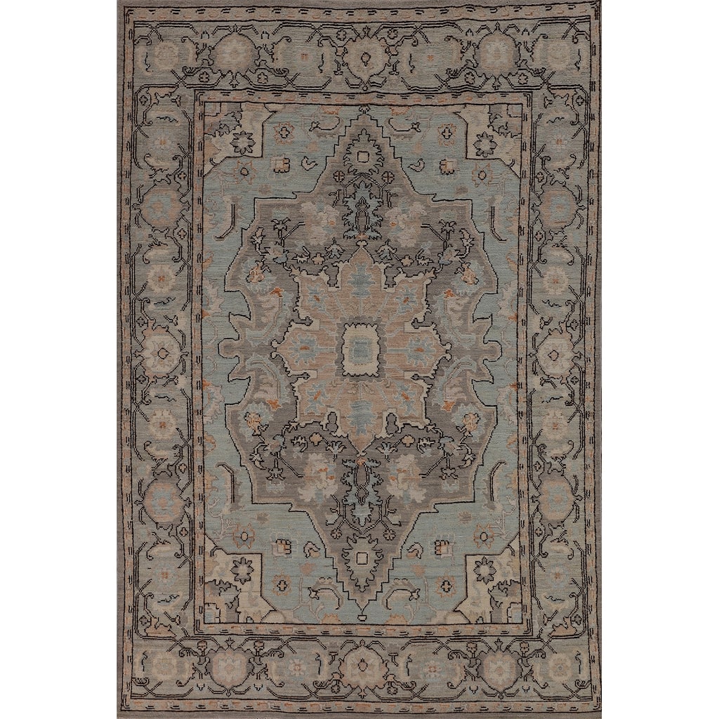 Vegetable Dye Oushak Turkish Rug Blue Hand-Knotted Wool Carpet - 6'1"x 9'0"