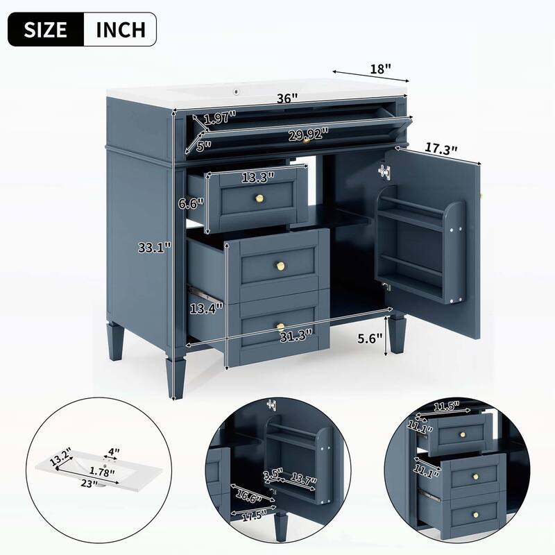 Modern Bathroom Storage Cabinet with 2 Drawers and a Tip-out Drawer,with Top Sink