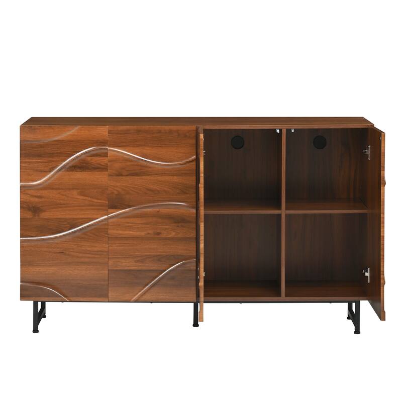 Modern Art Solid Wood Sideboard, Wave Relief Design, Walnut Texture, Iron Legs, Living Room Storage Cabinet