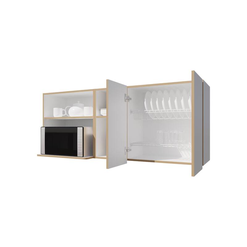 Wall-Mounted Kitchen Cabinet with Microwave Space, Open Shelves, and Double Doors - Natural Oak and White