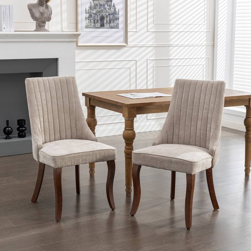 Comfy Linen Upholstered Dining Chairs Set of 2 with Curved Solid Wood Legs for Dining Room