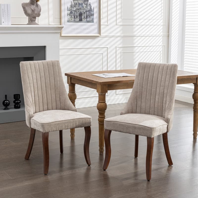 Linen Upholstered Dining Chairs with Curved Solid Wood Legs,Set of 2