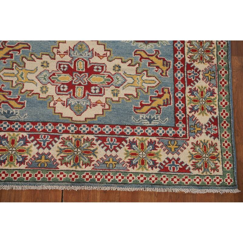 Light Blue Geometric Kazak Area Rug Hand-Knotted Wool Carpet - 4'10" x 6'7"