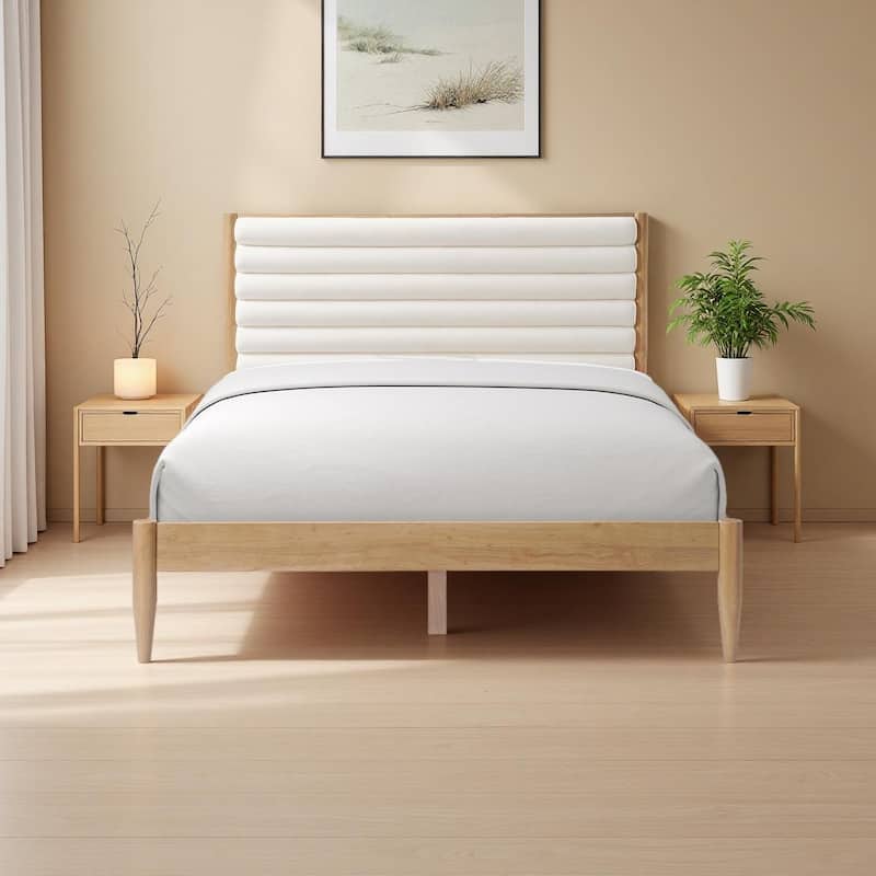 Solid Wood Bed Frame Queen Size Platform Bed with Upholstered Headboard & Tapered Legs - Brown - Queen